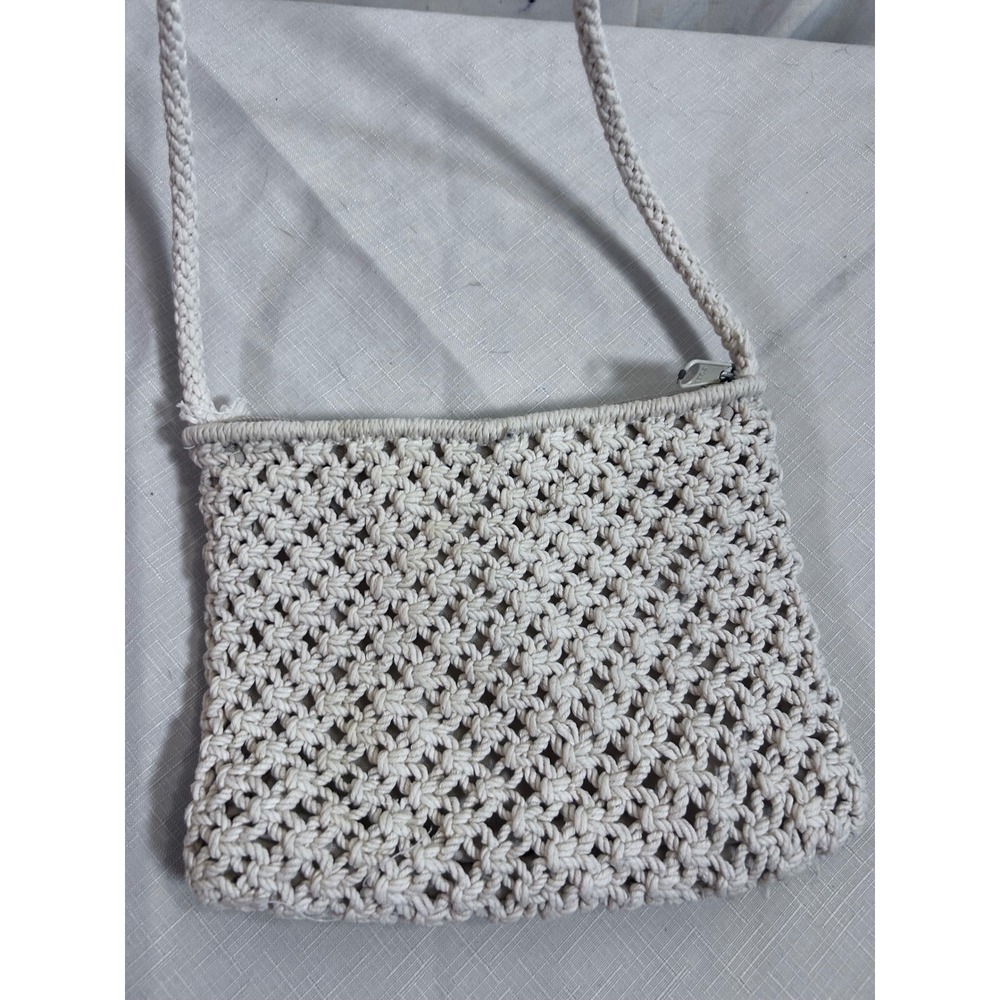 Handmade Macrame Crossbody Bag Small Cream Wood Bead Boho Women - Picture 3 of 7